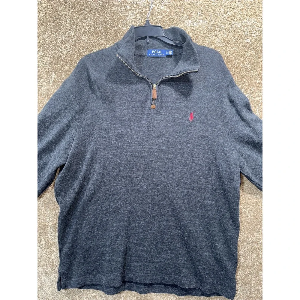 Polo Ralph Lauren 1/4 Zip Charcoal Mens XL Pullover Sweater Red Pony Long Sleeve - Picture 2 of 5